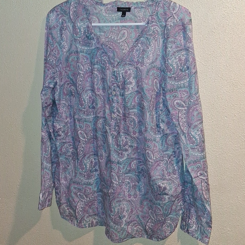 Talbots 1/2 Button Down Pullover Paisley Print Pastel 100% Cotton Top L
